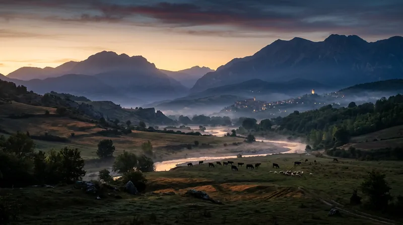 Valle abruzzese all'alba con bovini al pascolo e montagne sullo sfondo