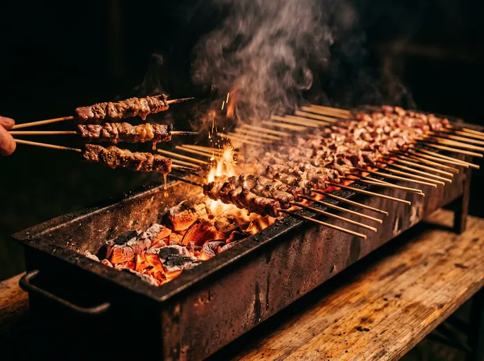 Arrosticini abruzzesi sulla canalina con la brace