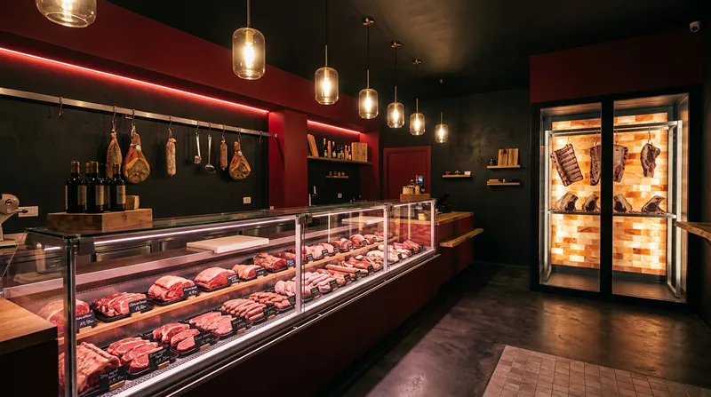 Bancone di macelleria moderna con vetrina refrigerata e cella di frollatura