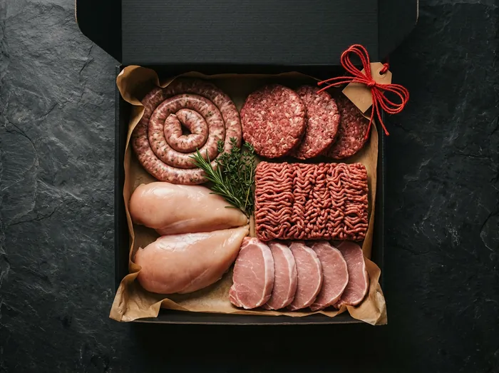 Box nera aperta con salsiccia, hamburger, petti di pollo, macinato e fettine di arista