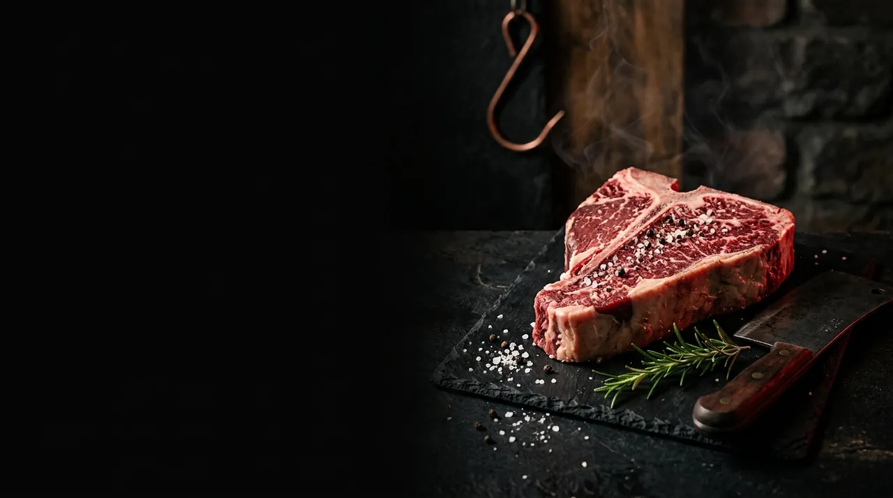 Bistecca alla fiorentina cruda su ardesia nera con sale grosso e rosmarino