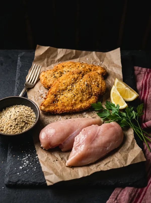 Cotolette di pollo dorate e petti di pollo freschi