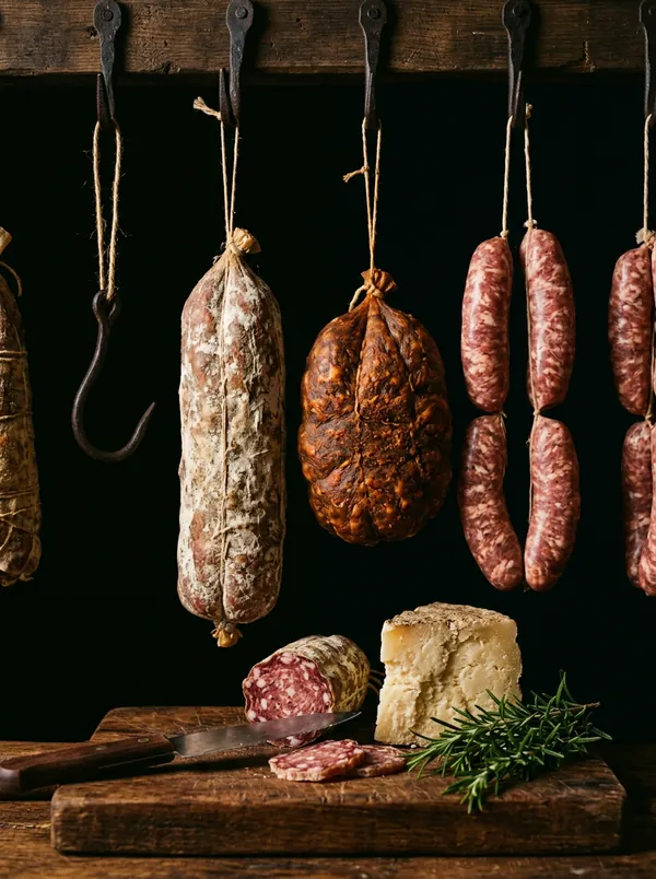 Salumi stagionati e salsicce appese con tagliere